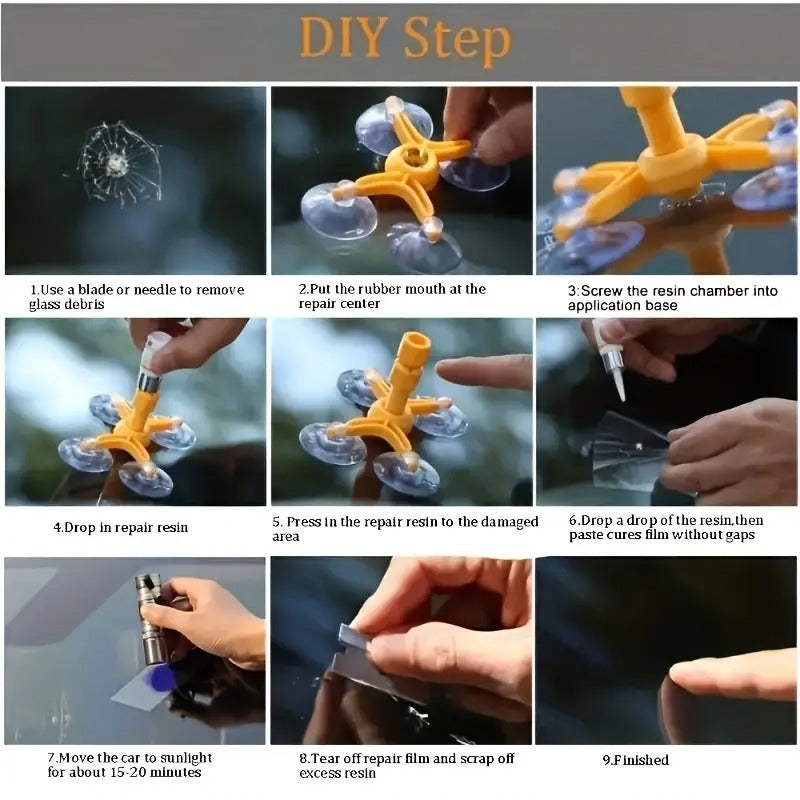 Close view of resin adhesive used in car windscreen repair kit