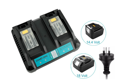 Side angle of Makita battery charger showing dual charging ports