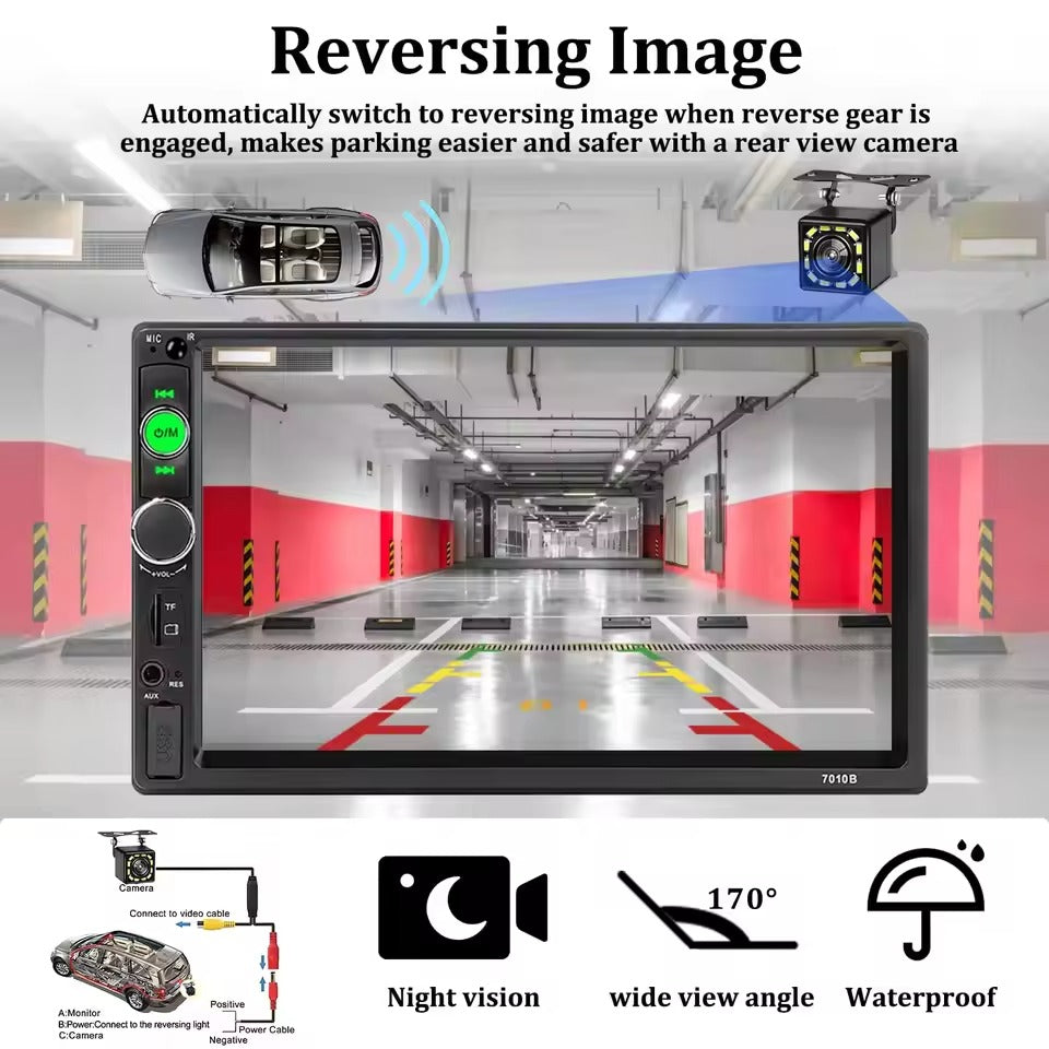Side angle of Car Stereo 2 DIN Bluetooth with steering wheel control attached