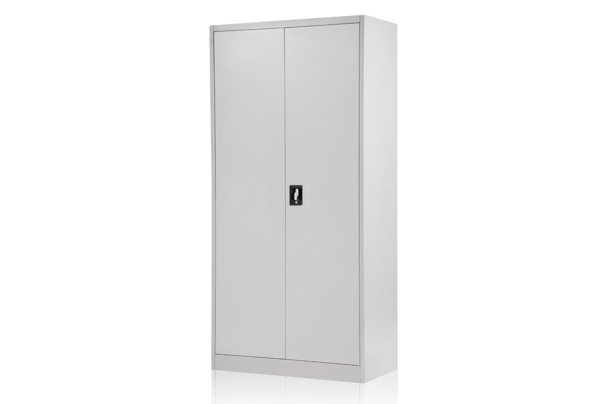 Close-up of steel filing cabinet door lock and handle
