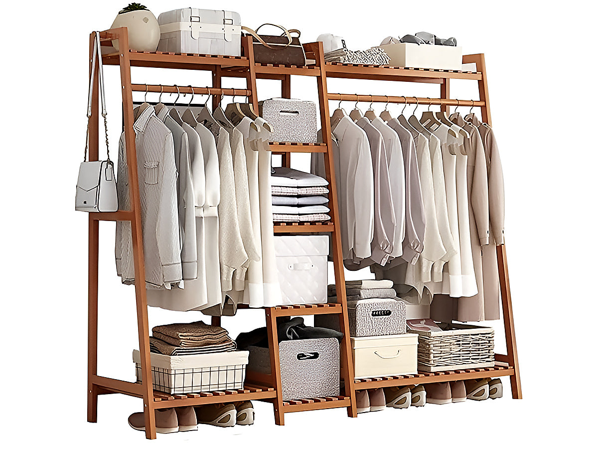 Bamboo clothes rack organiser in bedroom setting