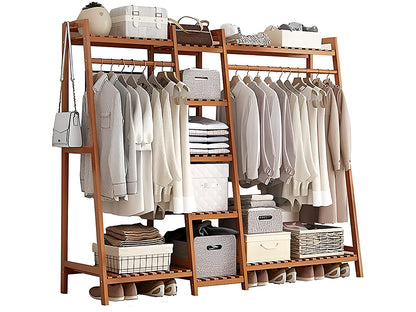 Bamboo clothes rack organiser in bedroom setting