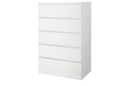 Close up of white particle board material on tall boy drawers