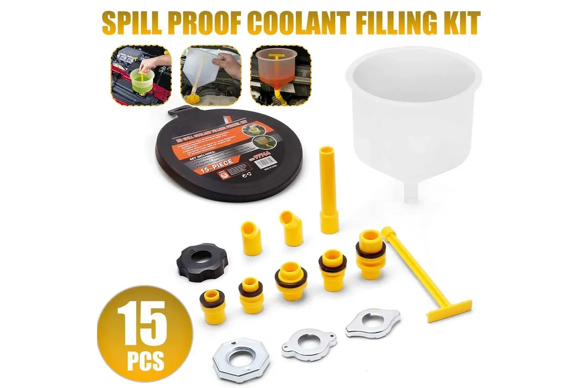Close up of the spill proof liquid plug on coolant filling funnel kit