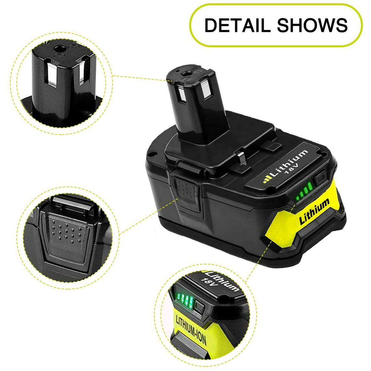 Ryobi 18V 6AH battery with clear view of voltage and capacity details