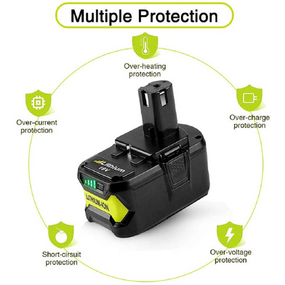 Ryobi 18V 6AH battery being held to show size and weight