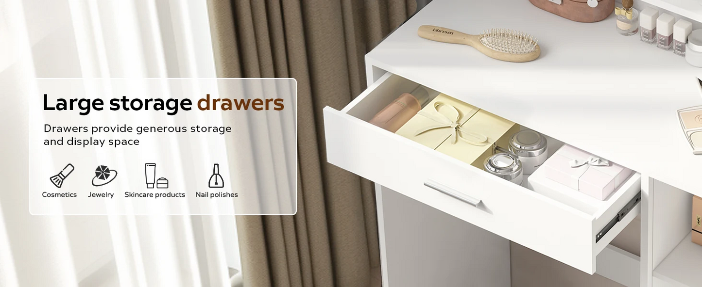 Side angle of Dressing Table with LED Light showing storage shelves