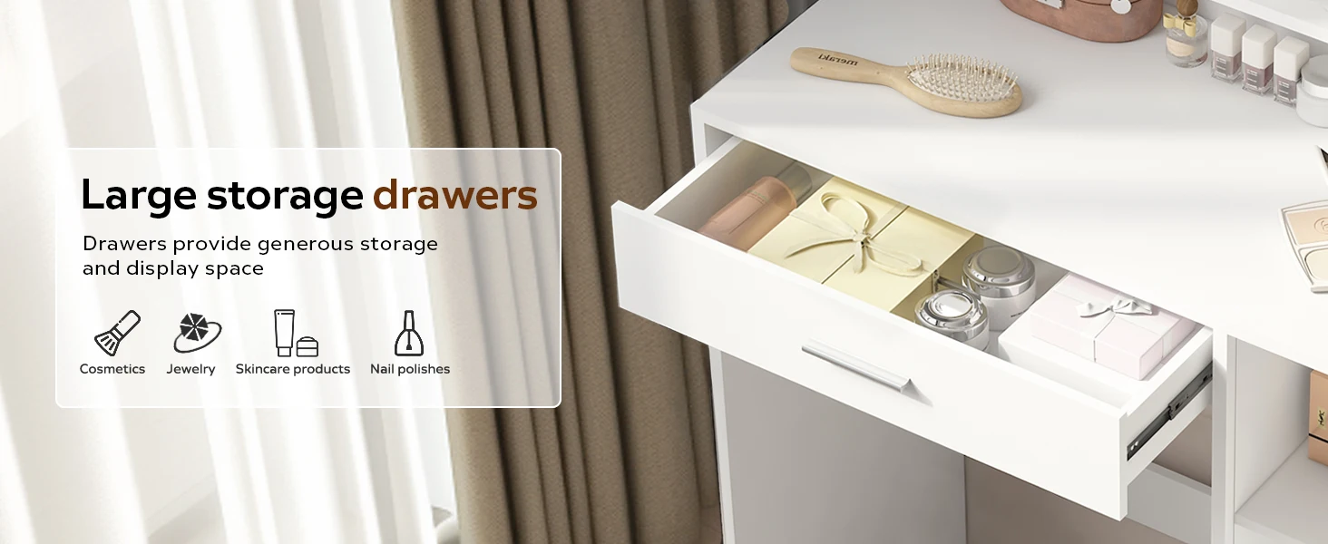 Side angle of Dressing Table with LED Light showing storage shelves