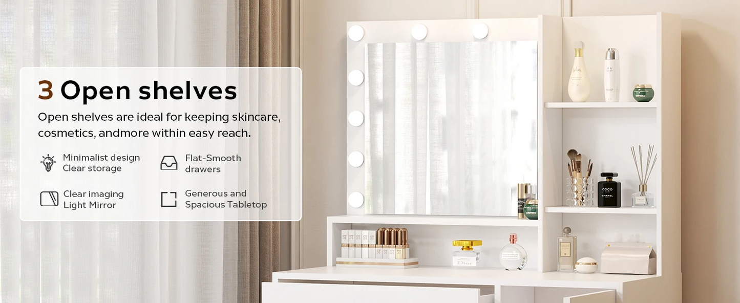 Open drawer of Dressing Table with LED Light displaying space