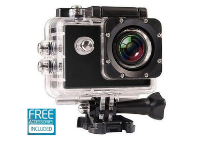 Side angle of sports cam with mounting accessories attached