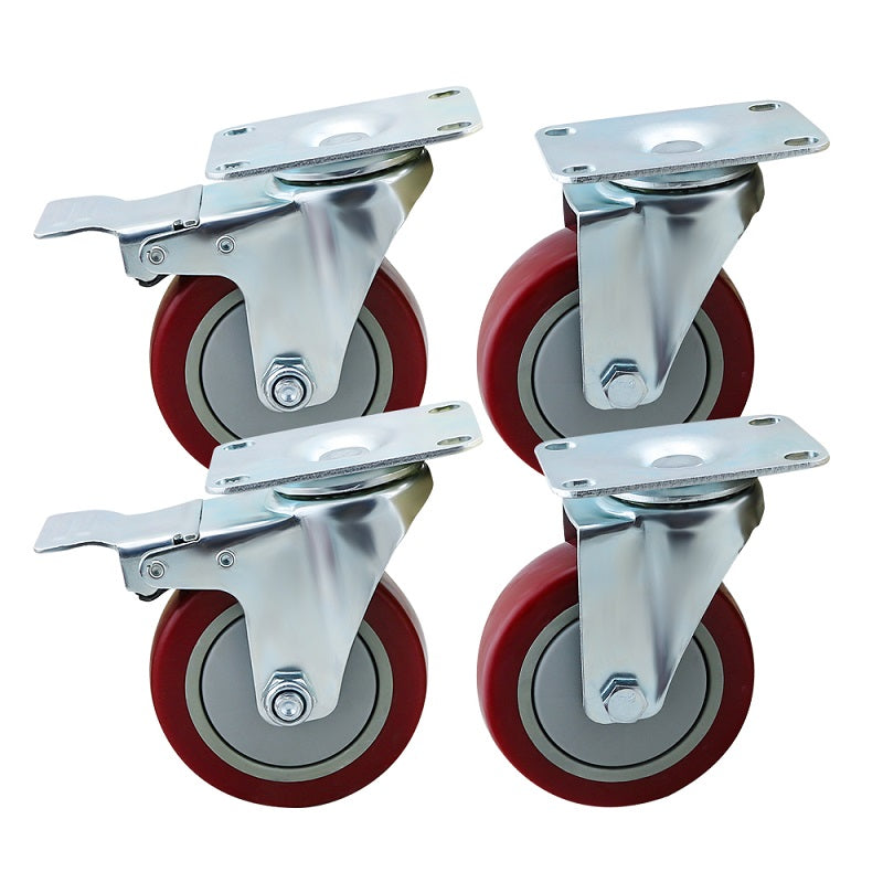 Caster Wheels Kit 100mm 4inch 2 with brakes+2 without brakes Red
