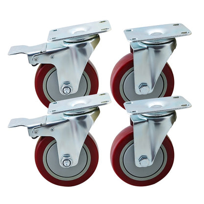Caster Wheels Kit 100mm 4inch 2 with brakes+2 without brakes Red