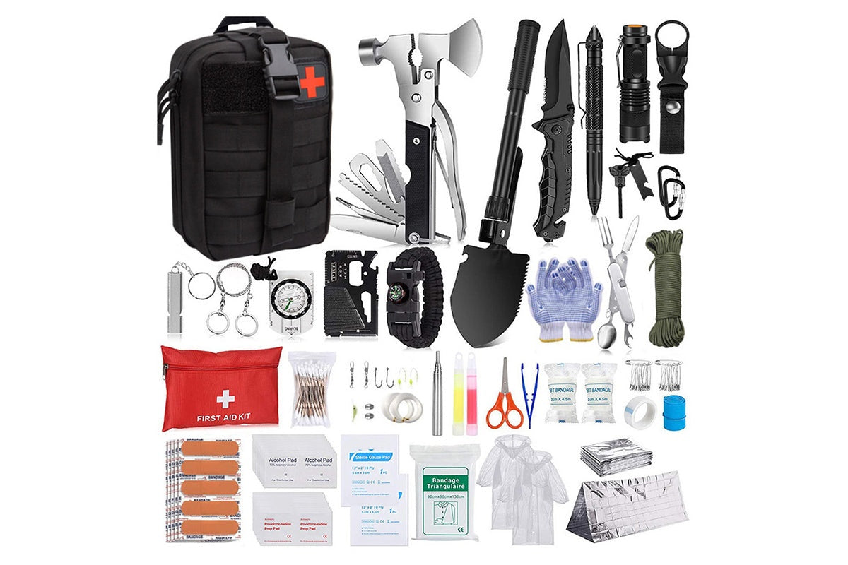 163-in-1 first aid gear laid out with camping utensils included