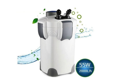 Side angle of aquarium filter canister with green tubing attached