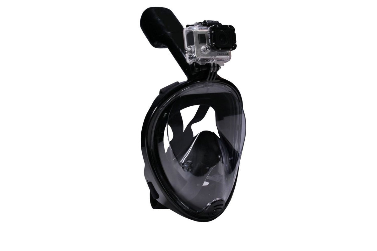 Side angle of diving snorkel mask with adjustable headband in black