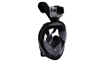 Side angle of diving snorkel mask with adjustable headband in black