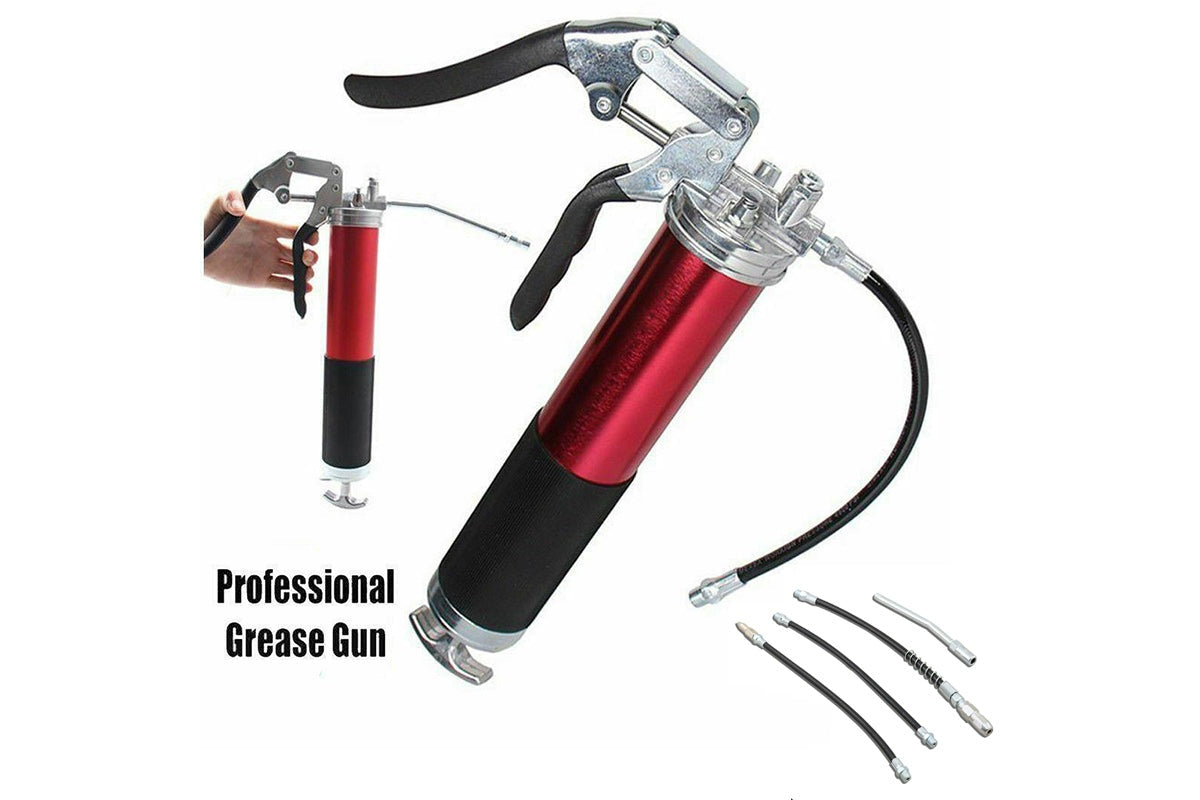 Close up of grease dispenser pistol grip with textured handle