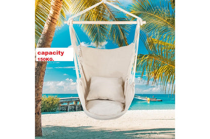 Side angle of hammock hanging chair with wooden spreader bar