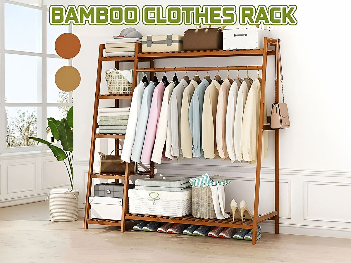 Close up of bamboo material on wardrobe clothes rack