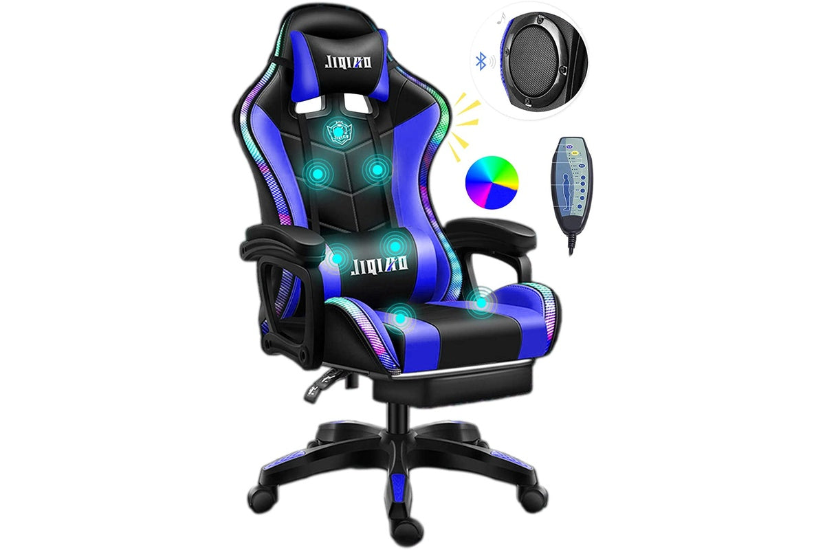 Close up of blue leather gaming chair seat and armrest