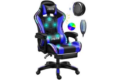 Close up of blue leather gaming chair seat and armrest