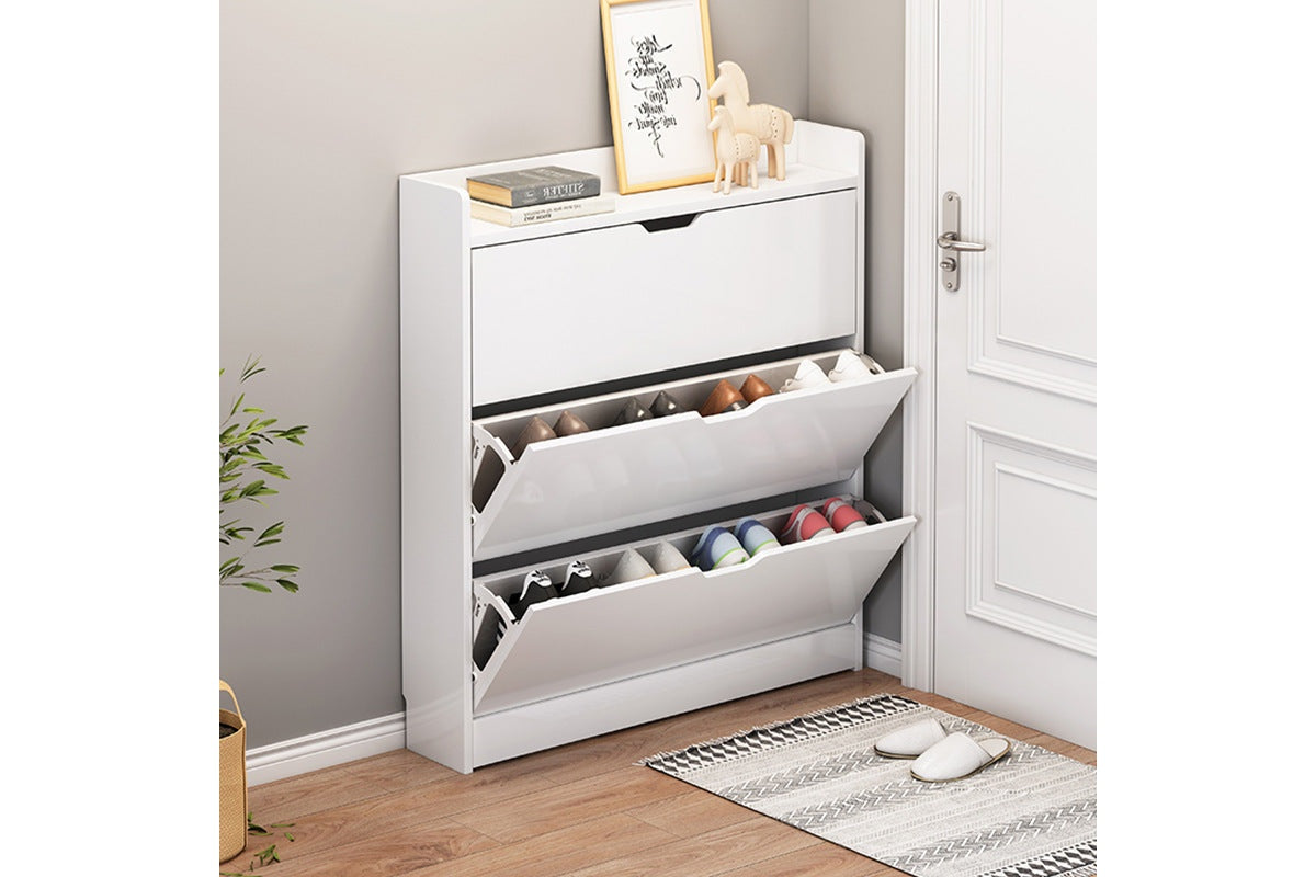 Close-up of alloy handle on shoe cabinet storage rack