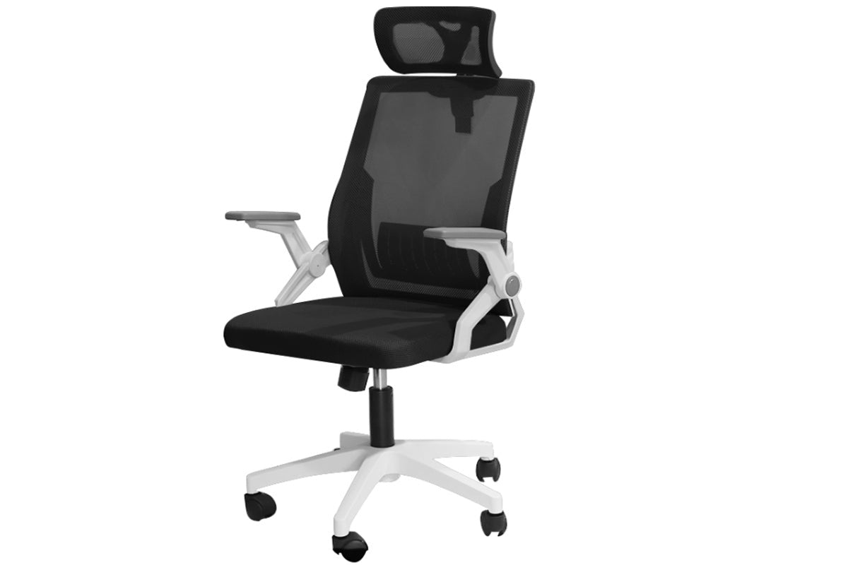 Side view of office chair showing adjustable armrests