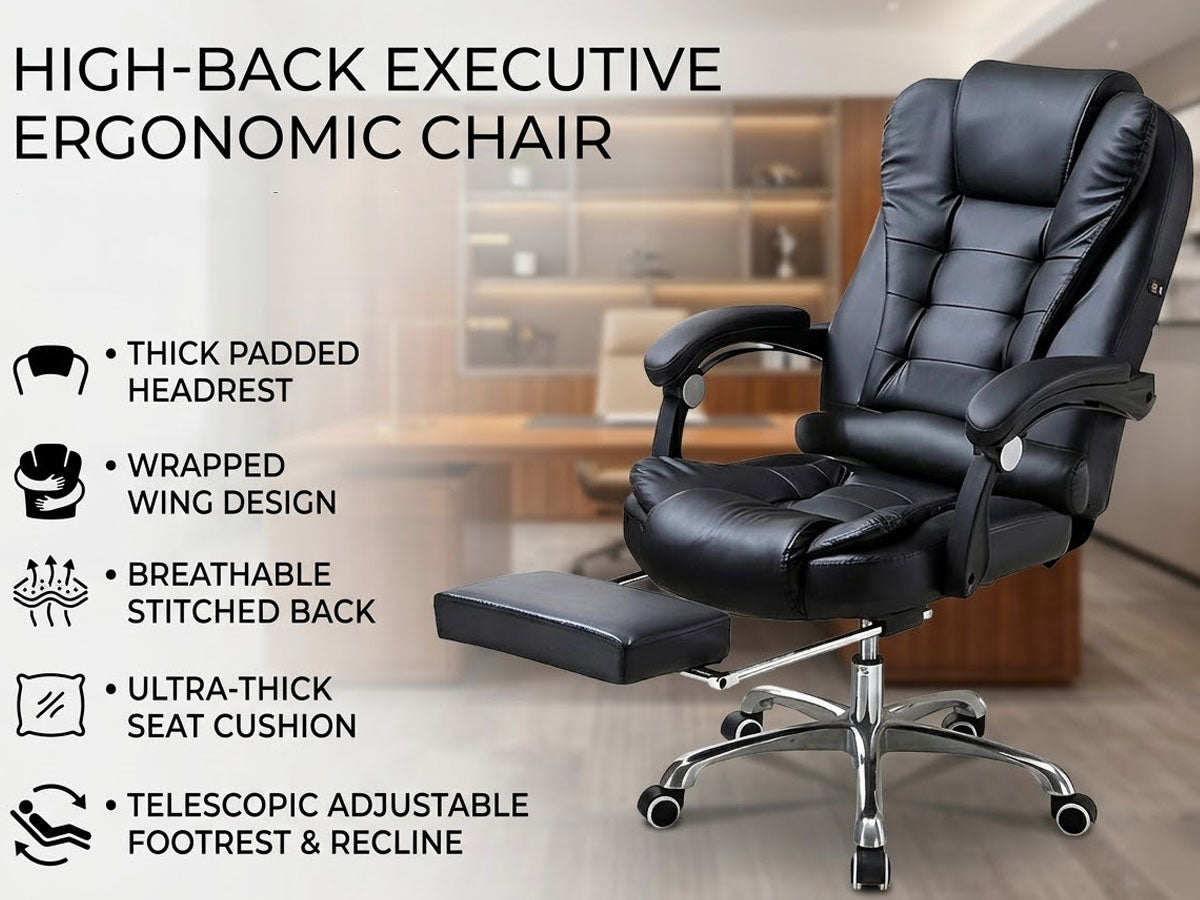 Ergonomic Gaming Office Chair – Adjustable PU Leather Computer Chair, Black