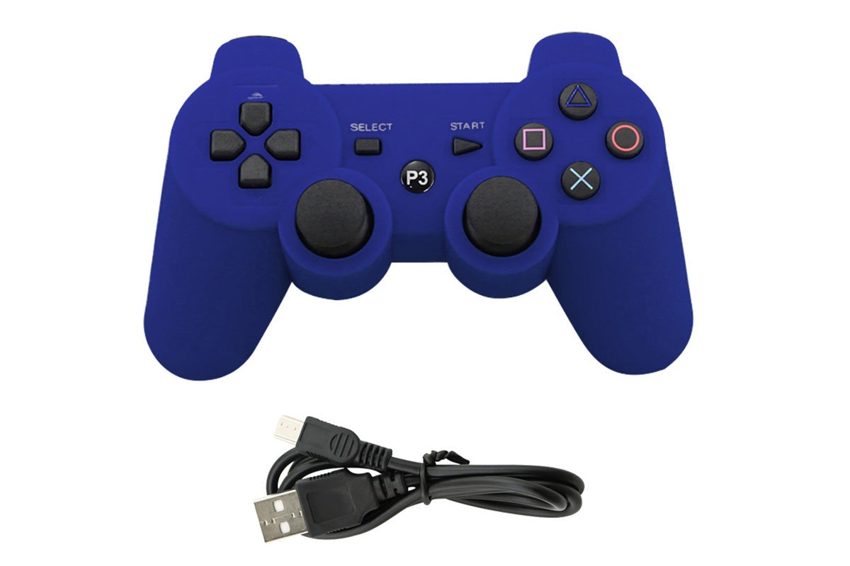 Side angle of PS3 wireless controller blue with ergonomic grip