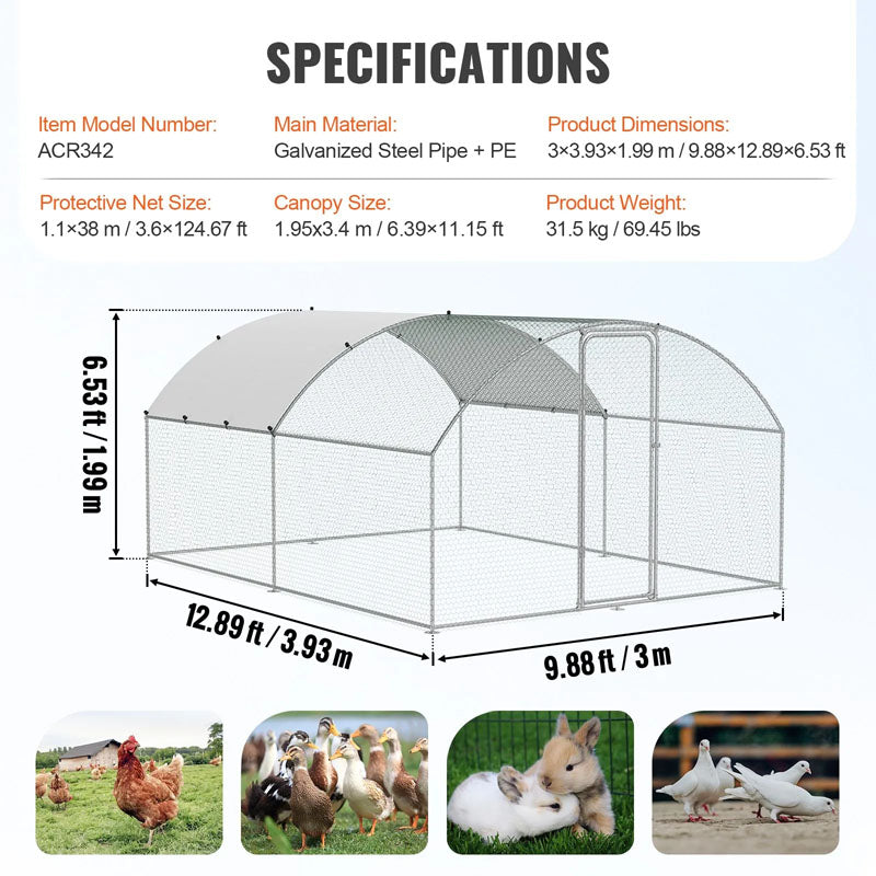 Side angle of metal chicken coop showing sloped roof drainage