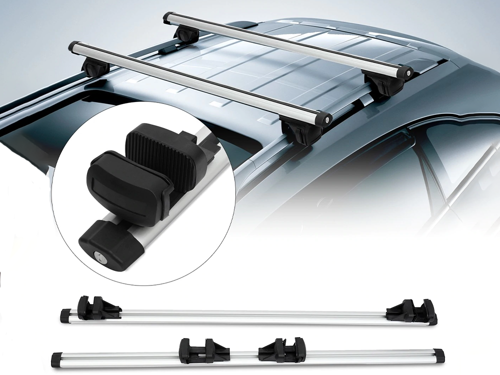 Silver aluminium universal roof rack showing adjustable clamps