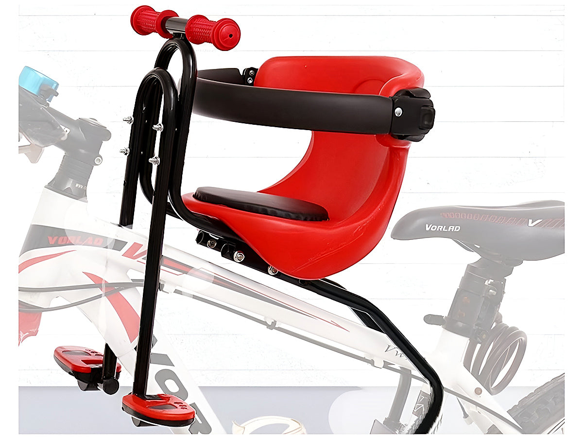 Side angle of child bike seat carrier with thick cushions