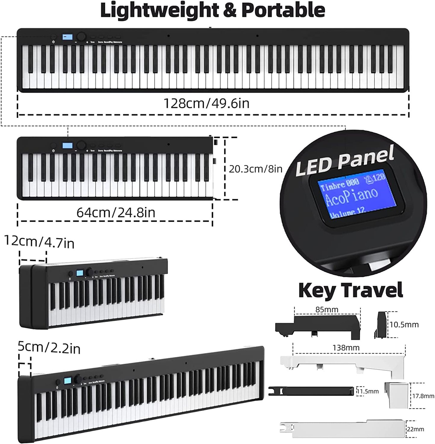 Portable digital stage piano with battery and USB power options