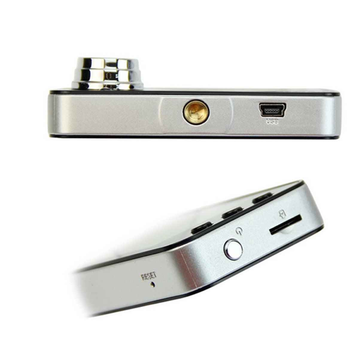 Rear view of car dash camera showing power and memory slots