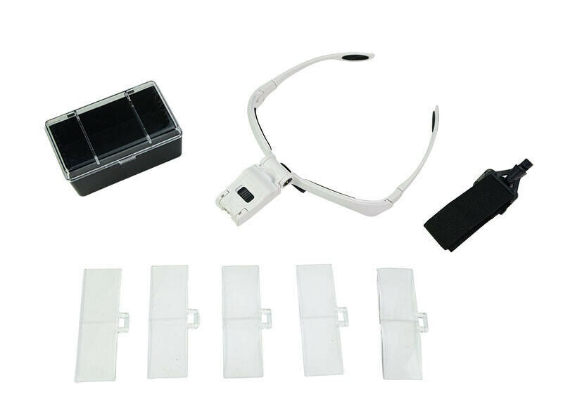 Head mount magnifier with LED lamp highlighting adjustable light angle