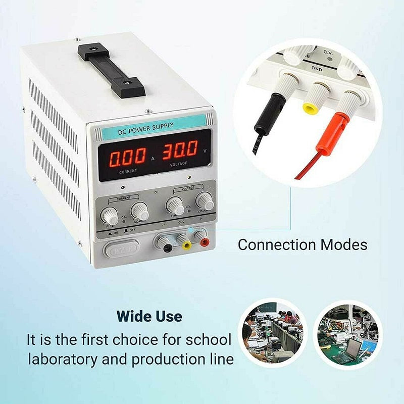 30V 10A DC power supply showing voltage and current adjustment knobs