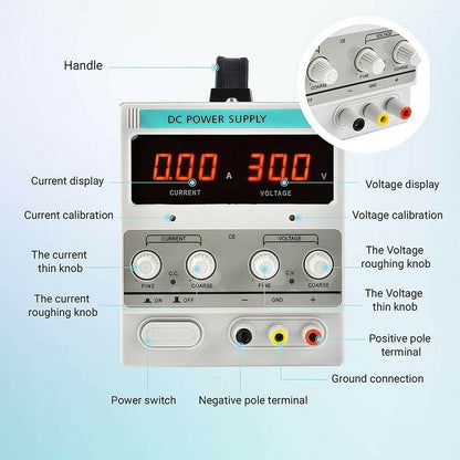 DC power supply connected to test cables for product testing