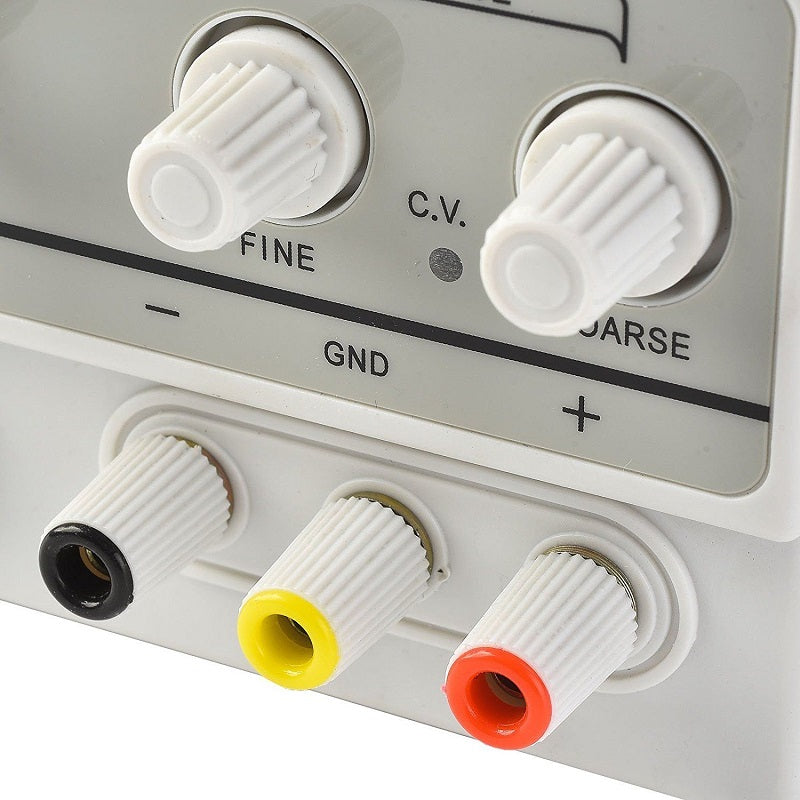 Close-up of control panel on 30V 10A DC power supply with labels