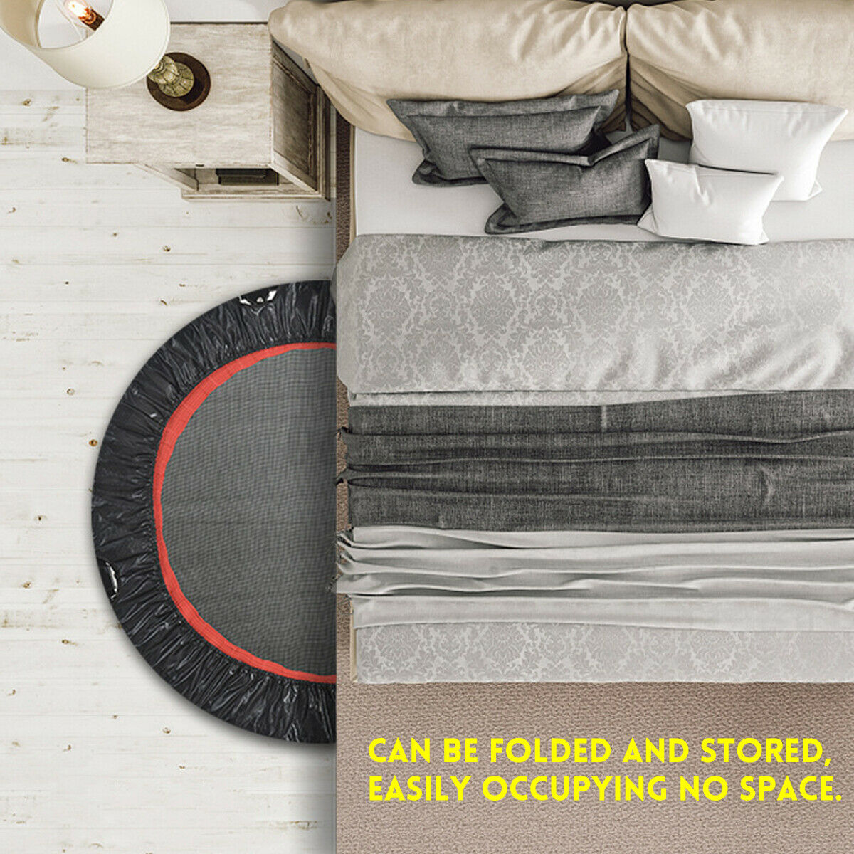 Detail of silent foot pads on mini trampoline rebounder