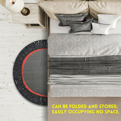 Detail of silent foot pads on mini trampoline rebounder