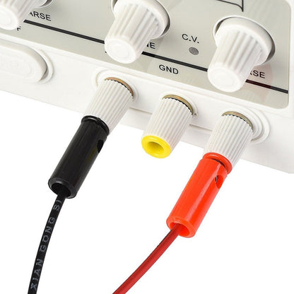 Close-up of control panel on 30V 10A DC power supply with labels