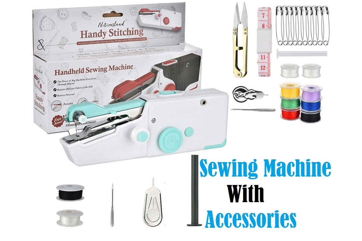 Compact handheld sewing machine with fabric stitching detail