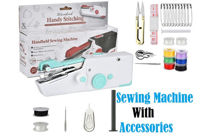 Compact handheld sewing machine with fabric stitching detail