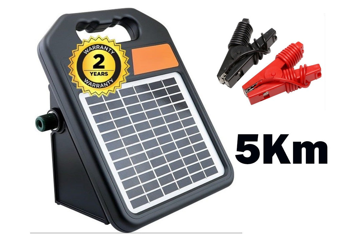 Side angle of solar electric fence energiser 5km with solar panel visible