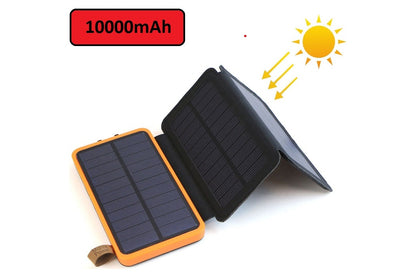 Solar power bank 10000mAh showing dual USB output ports