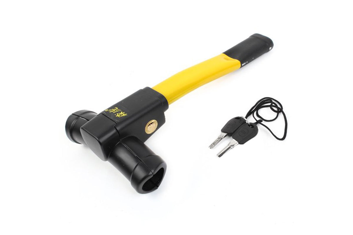 Close-up of car steering wheel lock metal locking mechanism