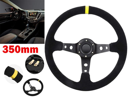 Top angle showing deep dish design of steering wheel 350mm