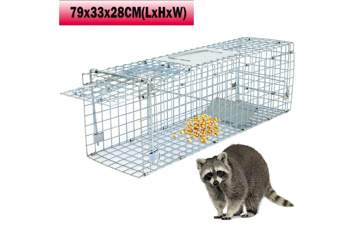 Side view of possum trap large animal trap with spring-loaded door