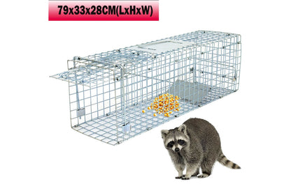 Side view of possum trap large animal trap with spring-loaded door