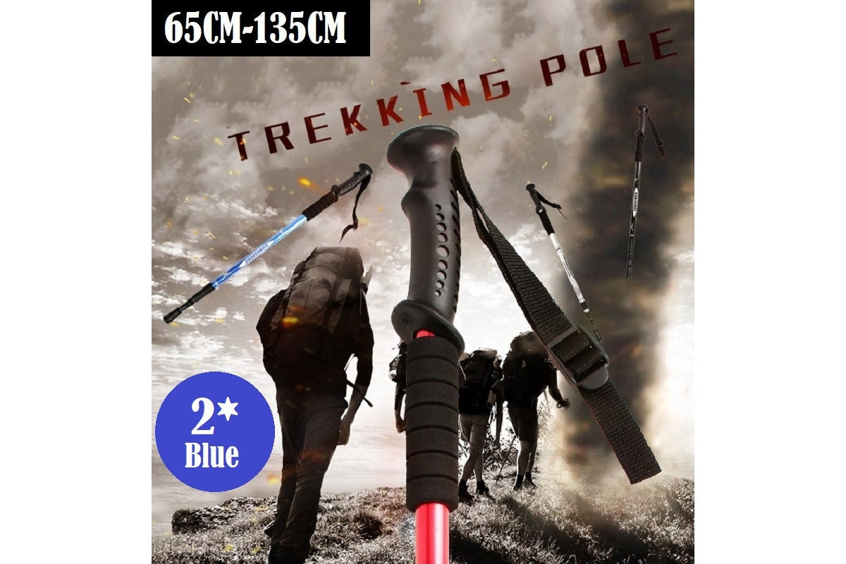 Blue aluminium trekking pole tip detail on rocky ground